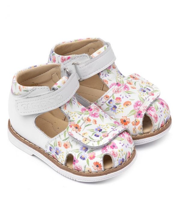 Children's sandals 26021 leather, ROSE white/flowers