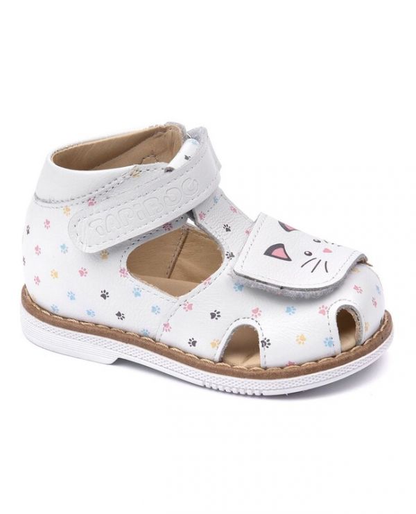 Children's sandals 26021 leather, lily of the valley white/paws,